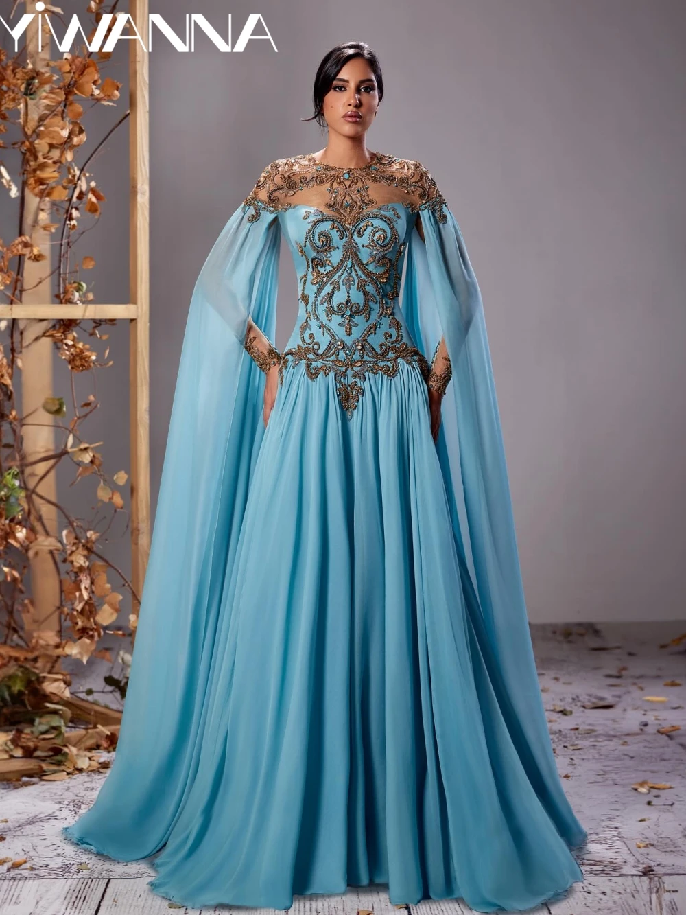 

Exquisite Beaded Evening Dress Elegant Floor-length Cape Sleeve Mother Of The Bride Dresses For Wedding A-line Chiffon Gown