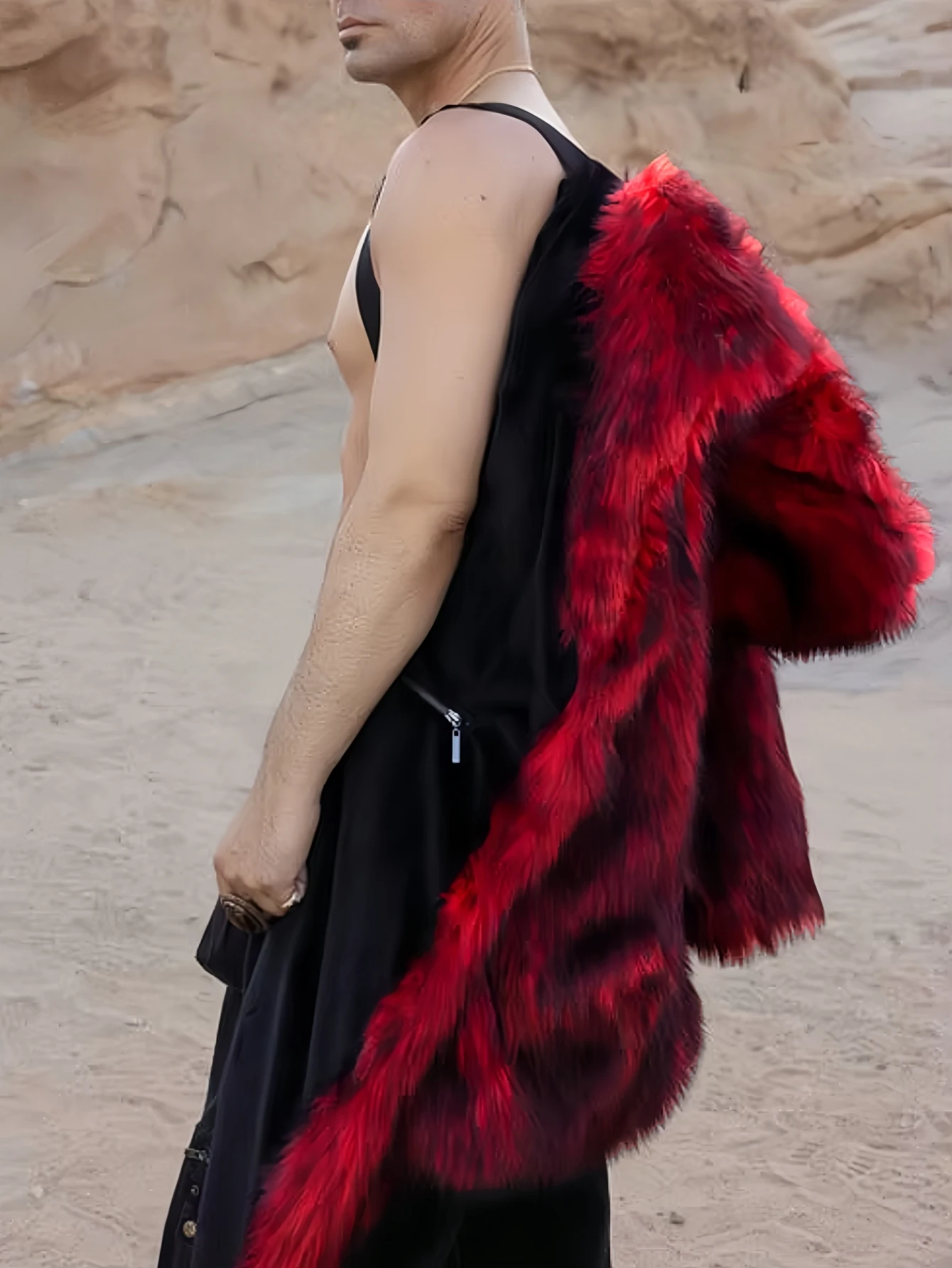 معطف خريف/شتاء طويل دافئ منفوش من الفرو الصناعي معطف أحمر للرجال بأكمام طويلة عالي الجودة معطف منفوش فاخر