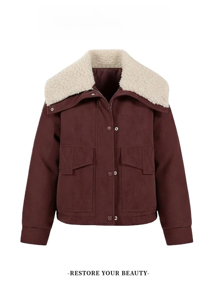 

Faionable Fluffy Collar Fce Lined ort Jaet Women's Winter Warm Cotton Coat Korean Sle Loose Fit Long Sve Zipper