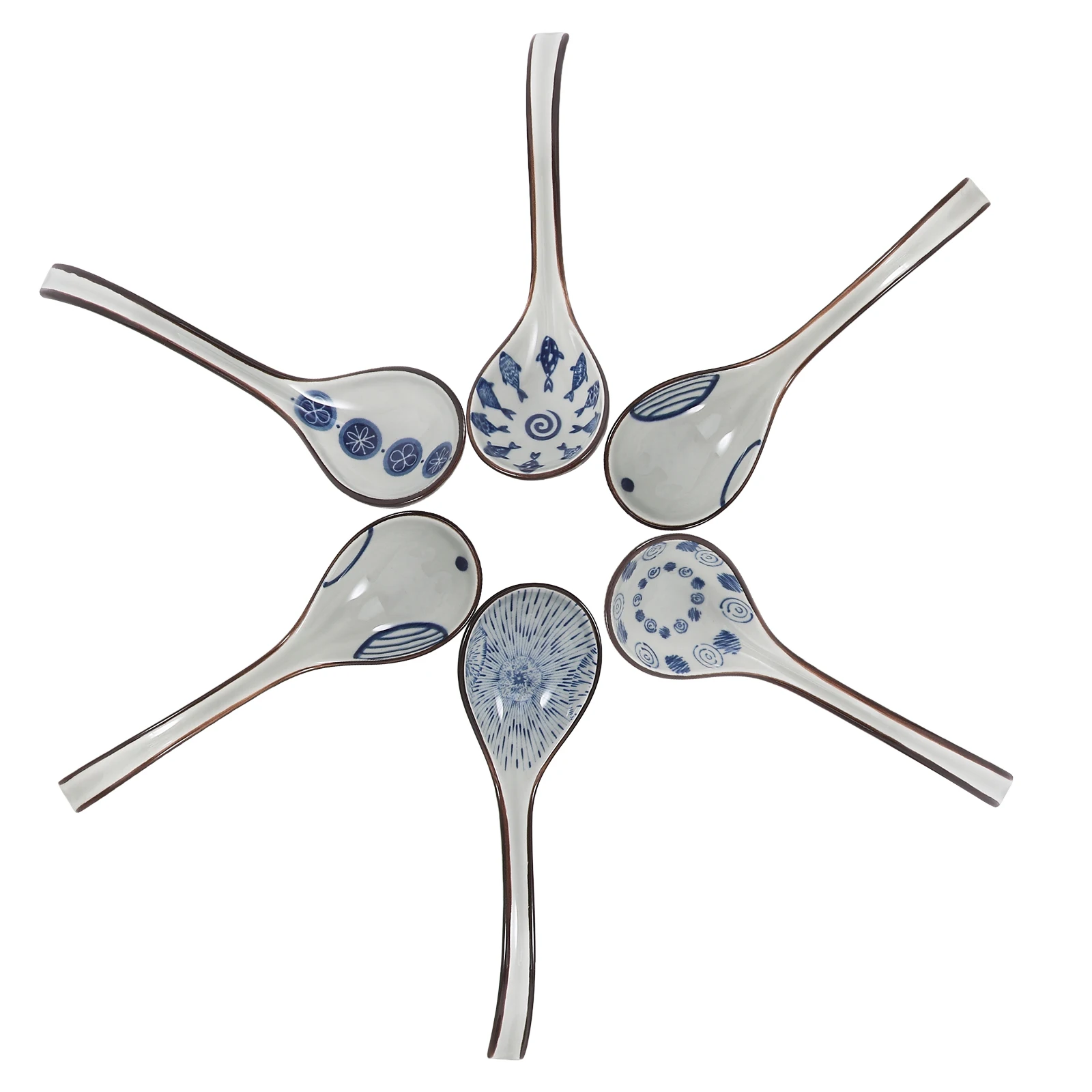 Cucharas de sopa de cerámica con diseño azul y blanco, cucharas de comedor asiáticas con mango largo para sopa, postre, cuchara agitadora, 6 uds.