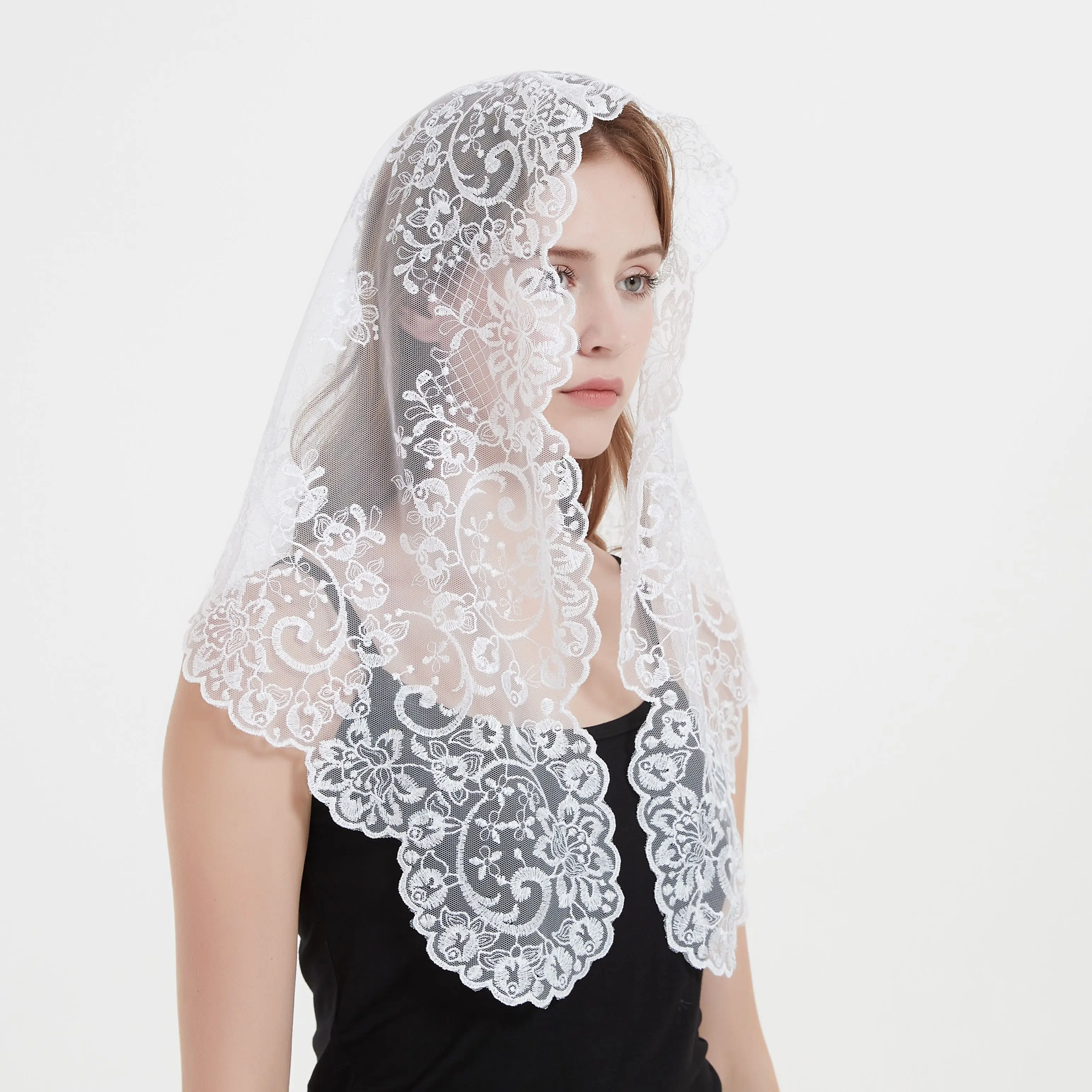 Mantilla de encaje de estilo español bordado blanco, velo católico de boda, Iglesia