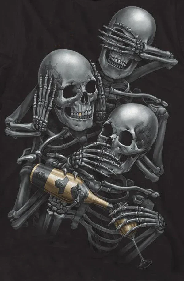 

See No, Hear No, Drinking No. Interesting Skeleton Frolic T-Shirt 100% Cotton O-Neck Short Sleeve Casual Mens T-shirt Size S-3XL