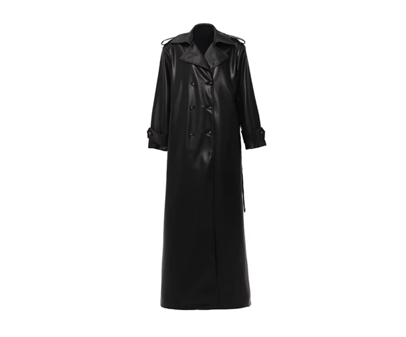 Lautaro Spring Autumn Extra Long Black Soft Pu Leather Trench Coat for Women Double Breasted Loose Casual Korean Fashion 2024