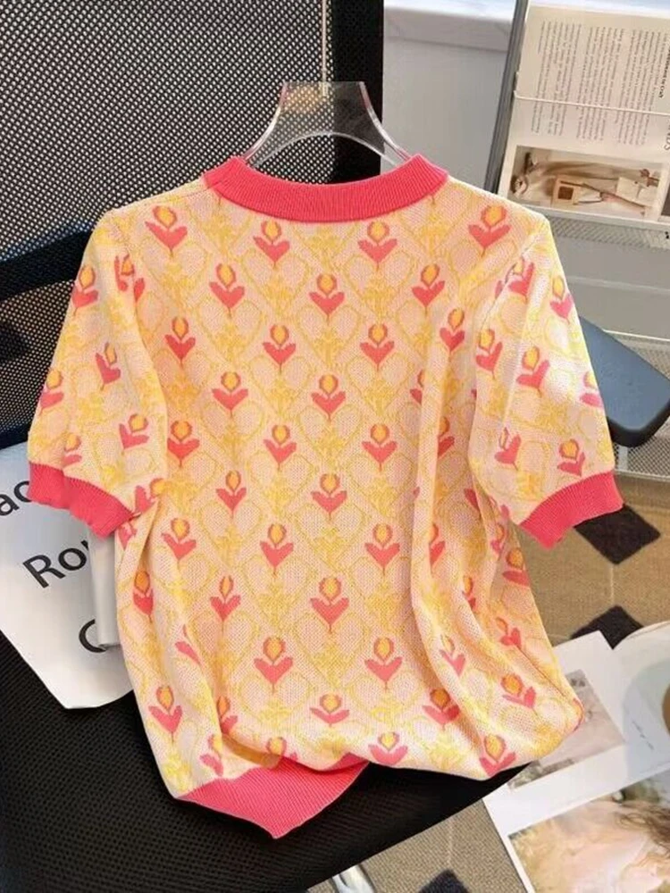 Women 2023 Spring Summer New Ice Thin Short-Sleeved Multicolour Sweater Tshirt Sweet Love Embroidered Rabbit Pullover Top Jumper