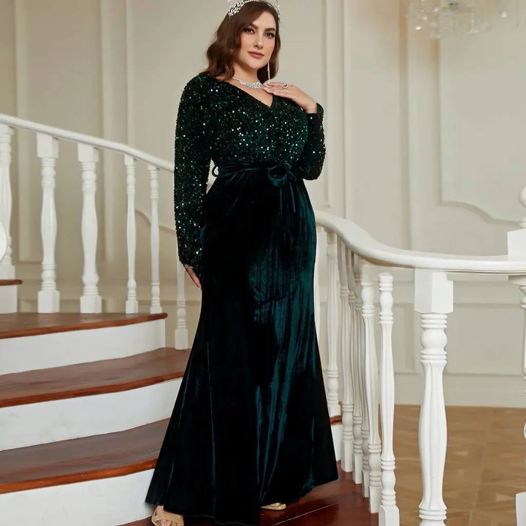 Plus Size Damen-Abendkleid aus goldenem Samt mit langen Ärmeln und Pailletten, Hochzeitskleid im europäischen und amerikanischen Stil