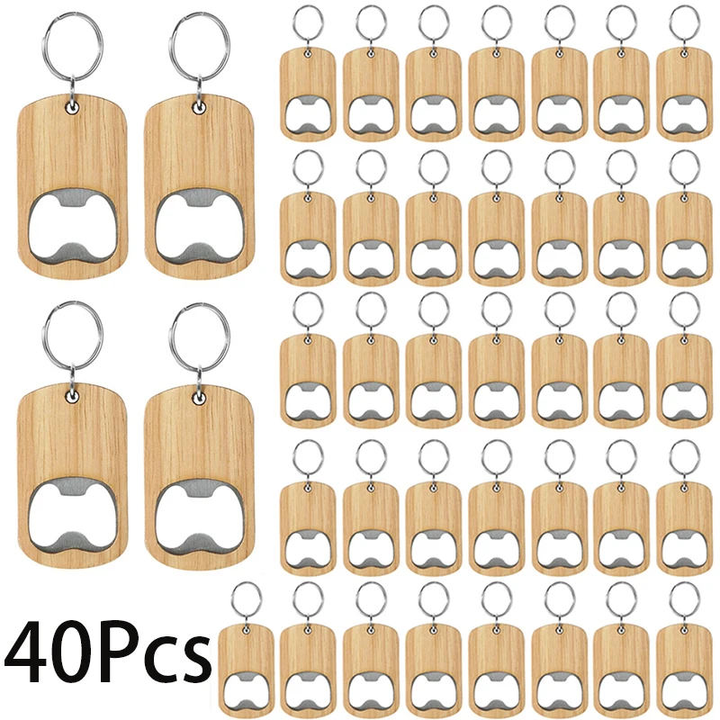 

40Pcs Wooden Keychain Bottle Opener Wood Key Chain Unfinished Key Tag for Party Favors DIY Gift Craft Supplies