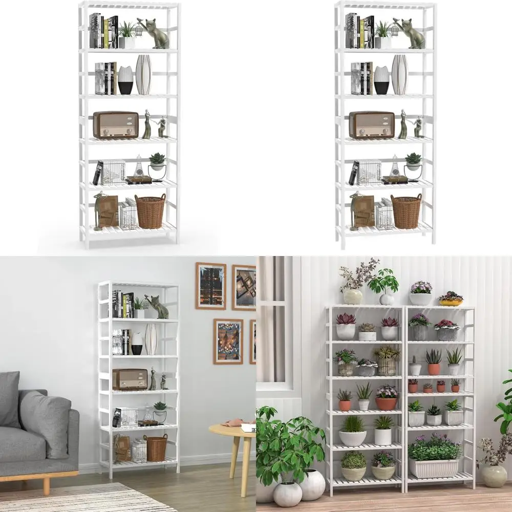 Estantería de bambú de 6 niveles: almacenamiento multiusos ajustable para el hogar, color blanco