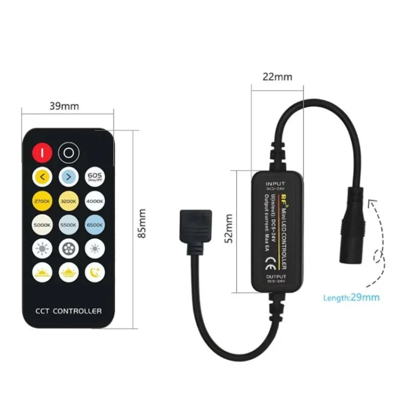 CCT LED Controller Dual White Dimmer for DC 5V 12V 24V LED Strip Light Color Temperature Adjustment Danymic RF Remote17-Key