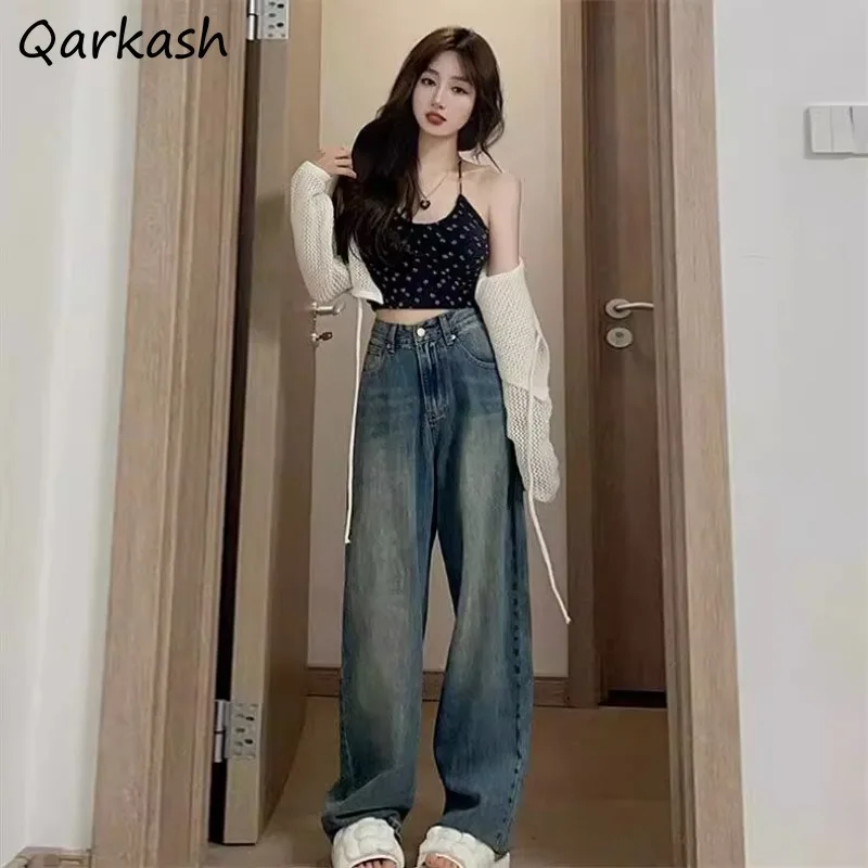 

High Street Jeans Women Straight Vintage Loose Popular Elegant Solid Pockets All-match Casual Autumn Simple New Chic