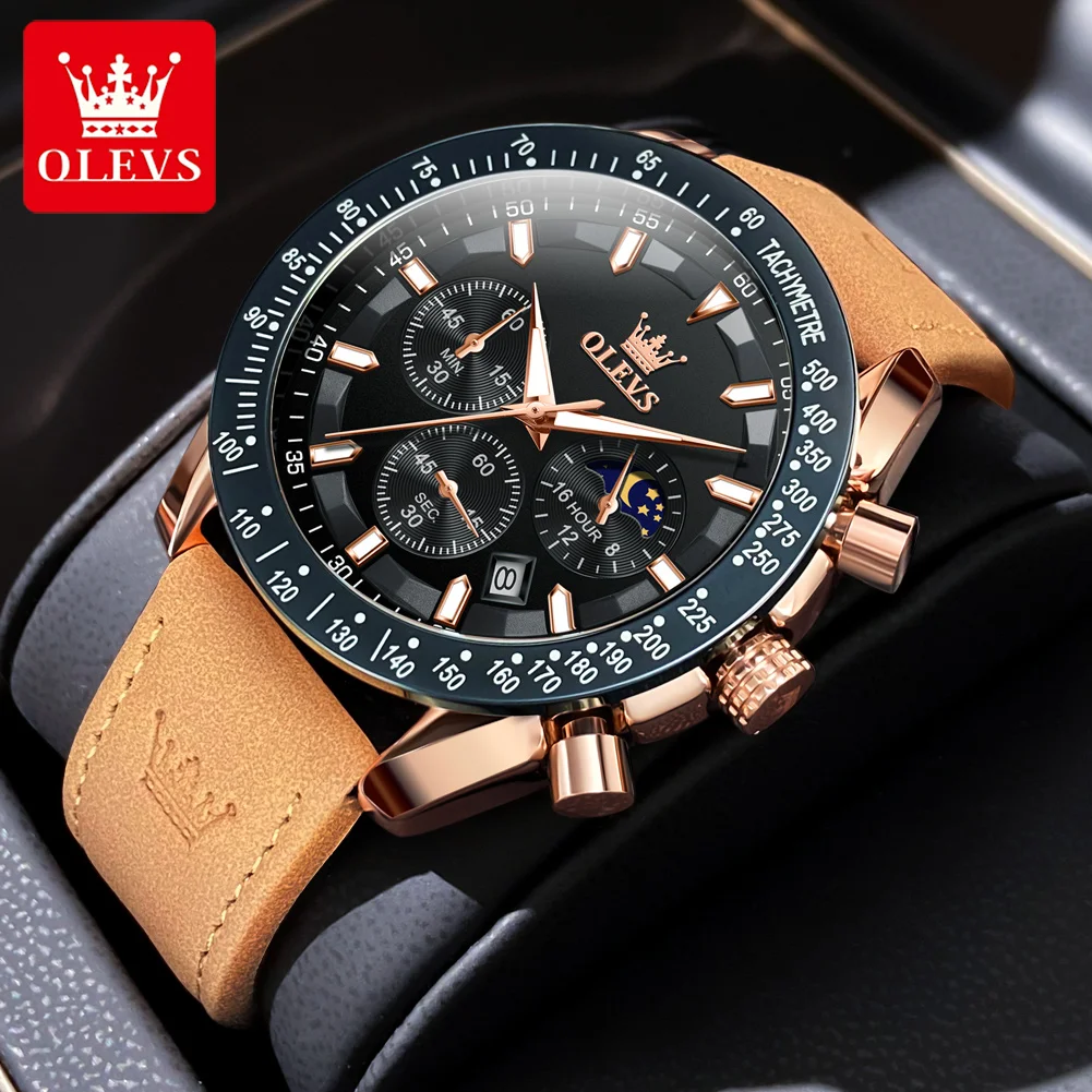 OLEVS Luxury Quartz Men Sport Watch Multi-Function Waterproof Luminous Chronograph Fashion Brown Leather Strap Men Wristwatch