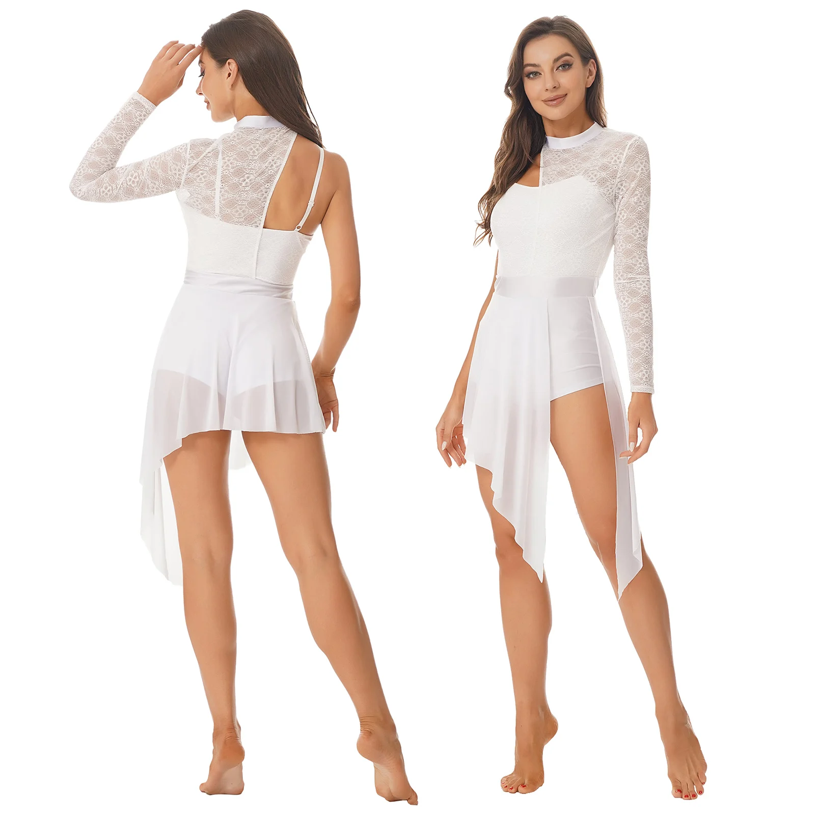

Women Figure Ice Skating Leotard Dress Girl One Shoulder Asymmetric Tulle Splice Gymnastic Leotard Dancewear Performance Costume