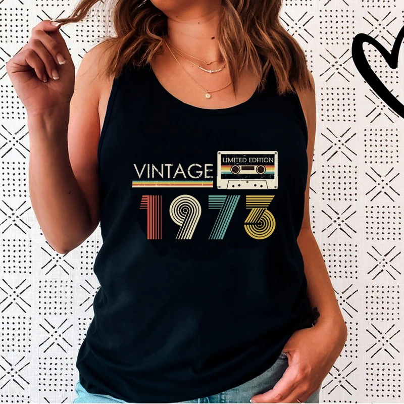 Vintage 1973 Retro Cassette Women Tank Tops 70s 51st 51 Years Old Birthday Party Mother Gift Black Sleeveless Tanks Summer Vest