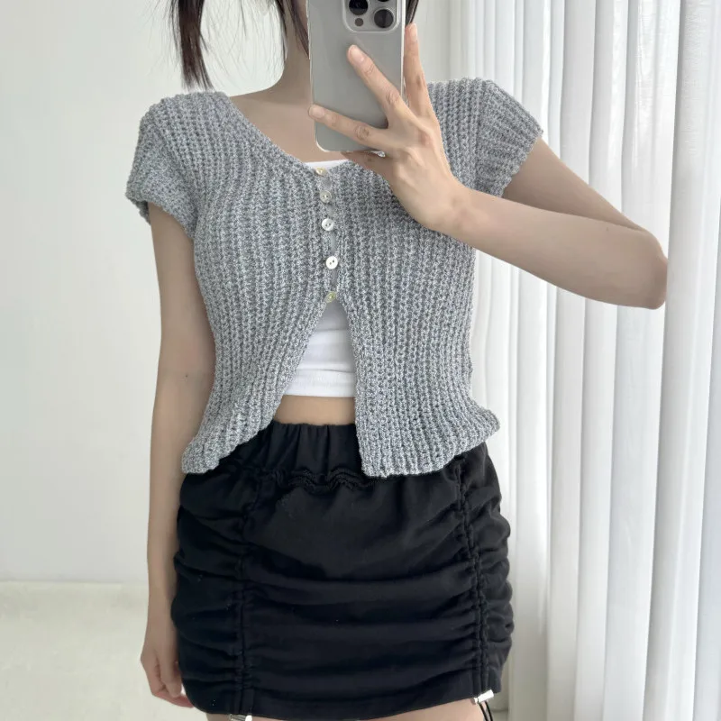 

Sexy Versatile ort Sve Knitted Sweater Women's New Arrival Bot Slit Vintage Top Dongda Gate Korean Sle