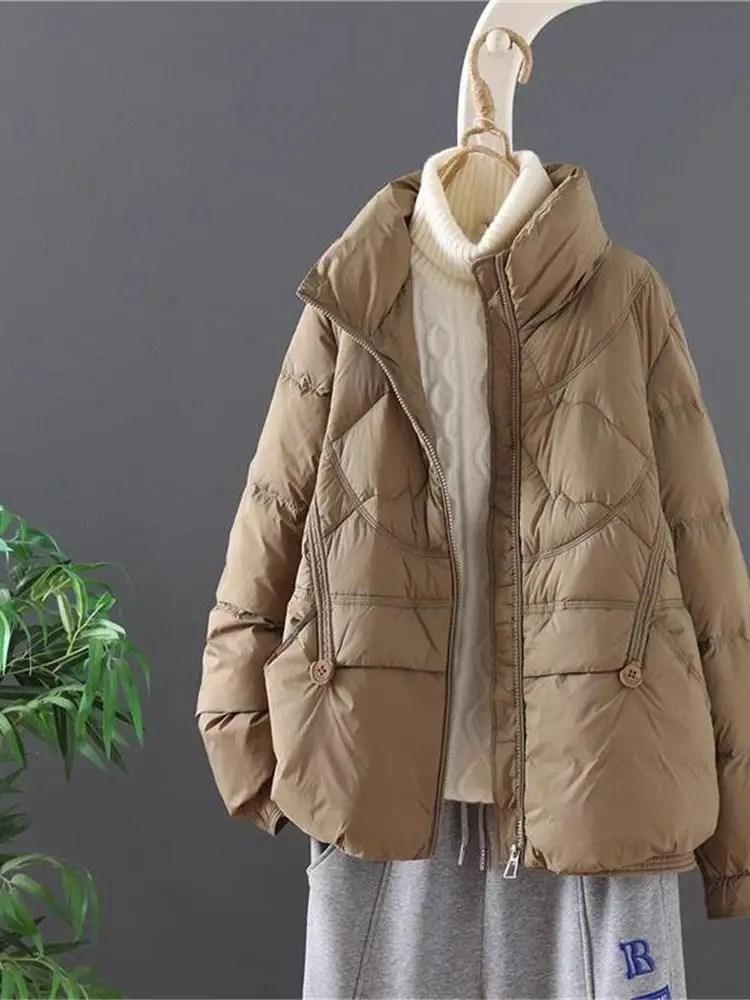 

Women's Thiened down Jaet Stand Collar Loose Fit Du Feather Warm Casual Outerwear Winter New Sle Korean Version