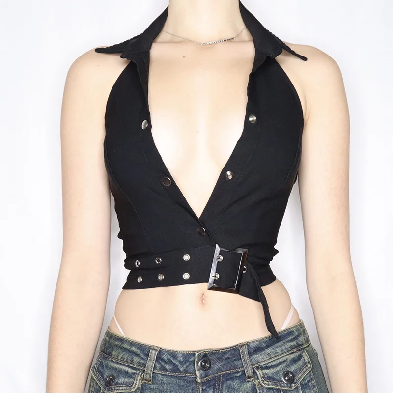 Women Y2K Button Corset Top Bandage Turn Down Collar Retro Crop Top Backless Elegant Strecthy Vest Sexy Club Party Tanks