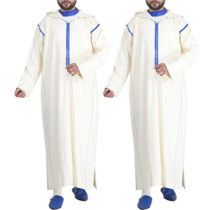 ตะวันออกกลาง Kaftan Robe ผู้ชาย Saudi คำ Hooded Thobe ยาวมุสลิมชุด41QC