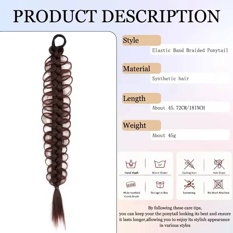 18Inch Synthetic Fishbone Braid Ponytail Extension Elastic Rubber Band Braided Hair Accessory for Women Daily