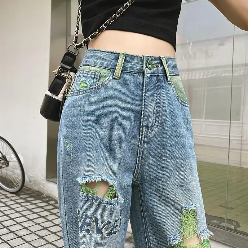 Damen Slouchy Baggy Hohe Taille Jeans Frau Kleidung Mädchen Mode Lässig Brief Zerrissene Denim Breite Bein Hosen Weibliche Kleidung B