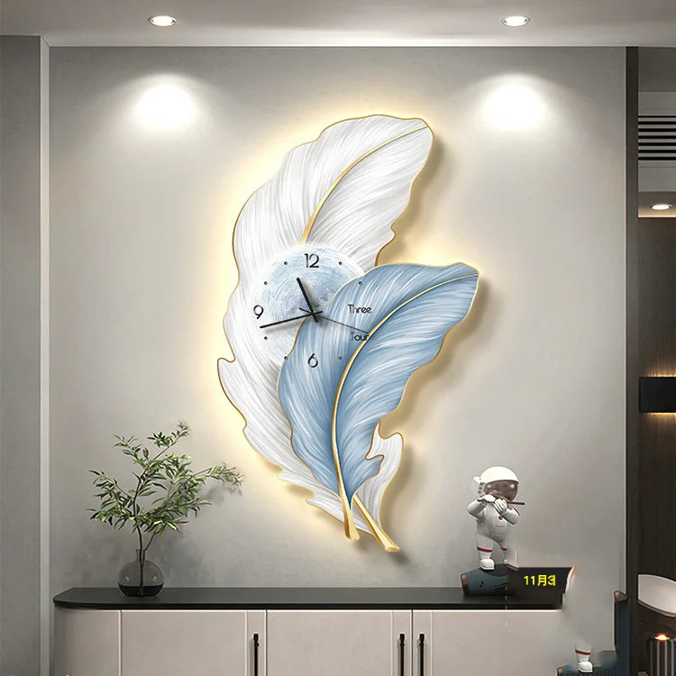 Luxury Feather Wall Decor Led Light With Clock 3d Resin Large Wings Wall Sculpture