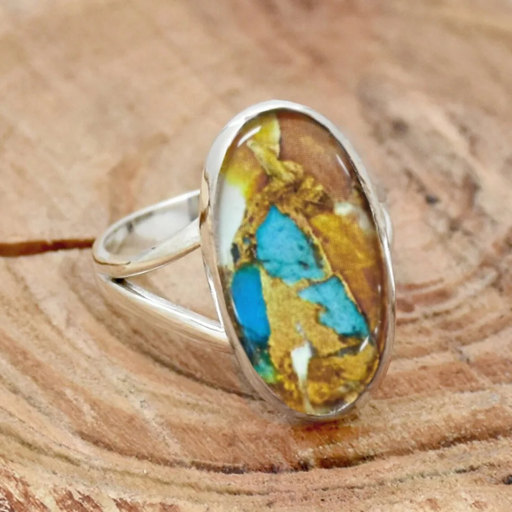 New Chinese Style Retro Imitation Natural Marble Colorful Dawn Pattern Oval Finger Rings for Women Stainless Steel Jewelry Gift