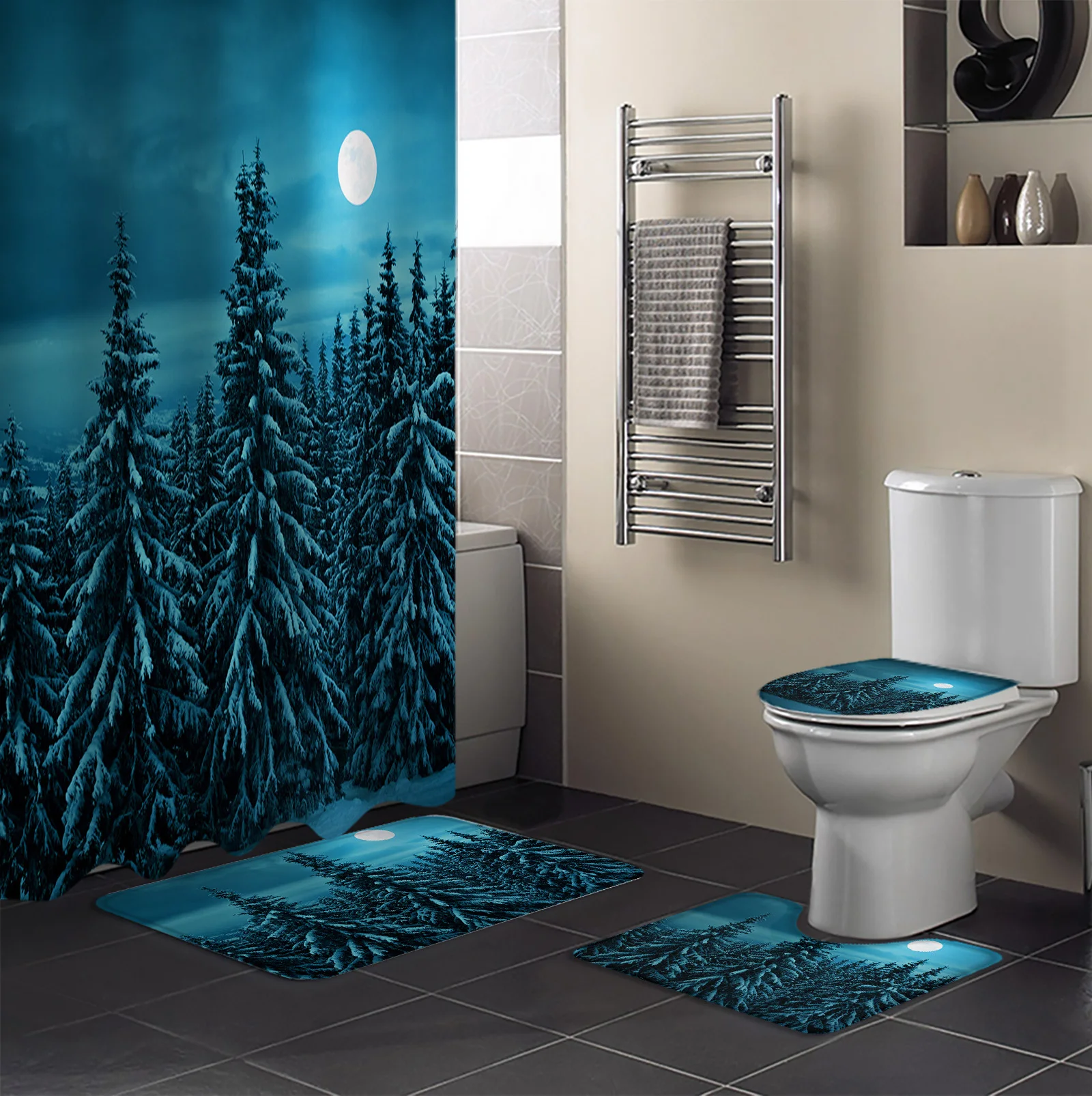 Snow Scene Woods Moon Shower Curtain Sets Non-Slip Rugs Toilet Lid Cover and Bath Mat Bathroom Curtains Set