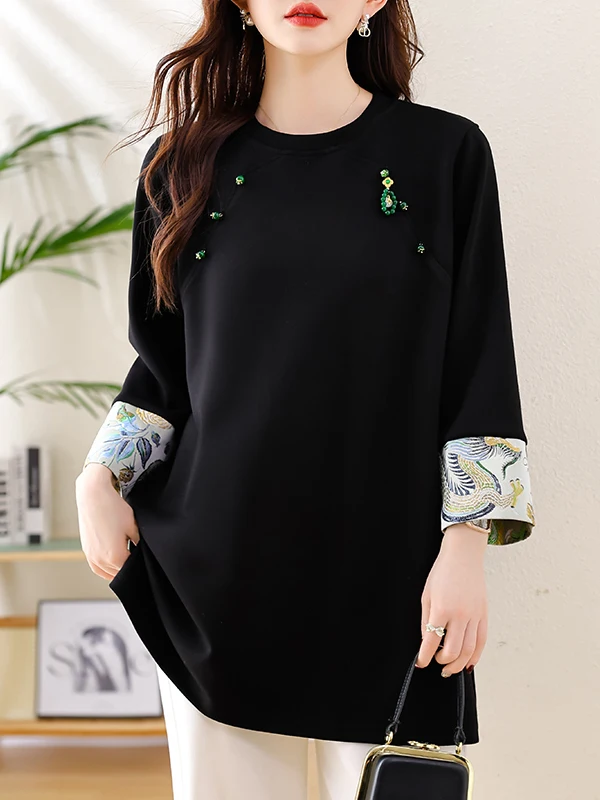 

Новая китайская футболка с вышивкой, ранняя осень Faion, женский круглый топ средней длины больших размеров Ne