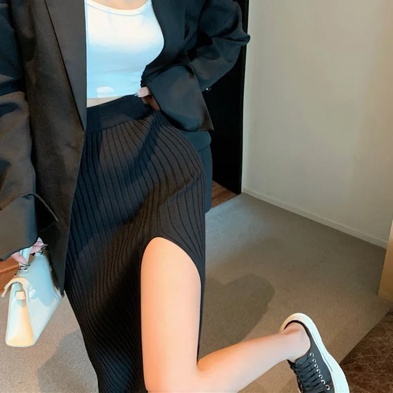 Sexy split bodycon saia longa feminina elegante fino ajuste de cintura alta saias de malha mulher outono inverno pacote hip midi saia