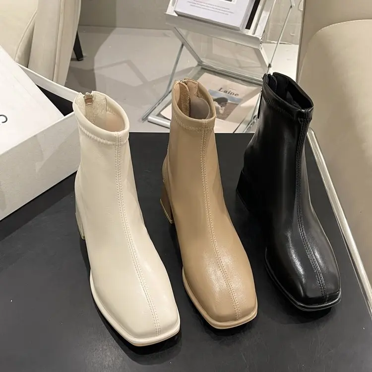 Zapatos botas de invierno señora botas con cremallera trasera-mujeres cremallera 2024 Med goma Rock elegante PU montar Roma tacones de pezuña tela de algodón sólido A