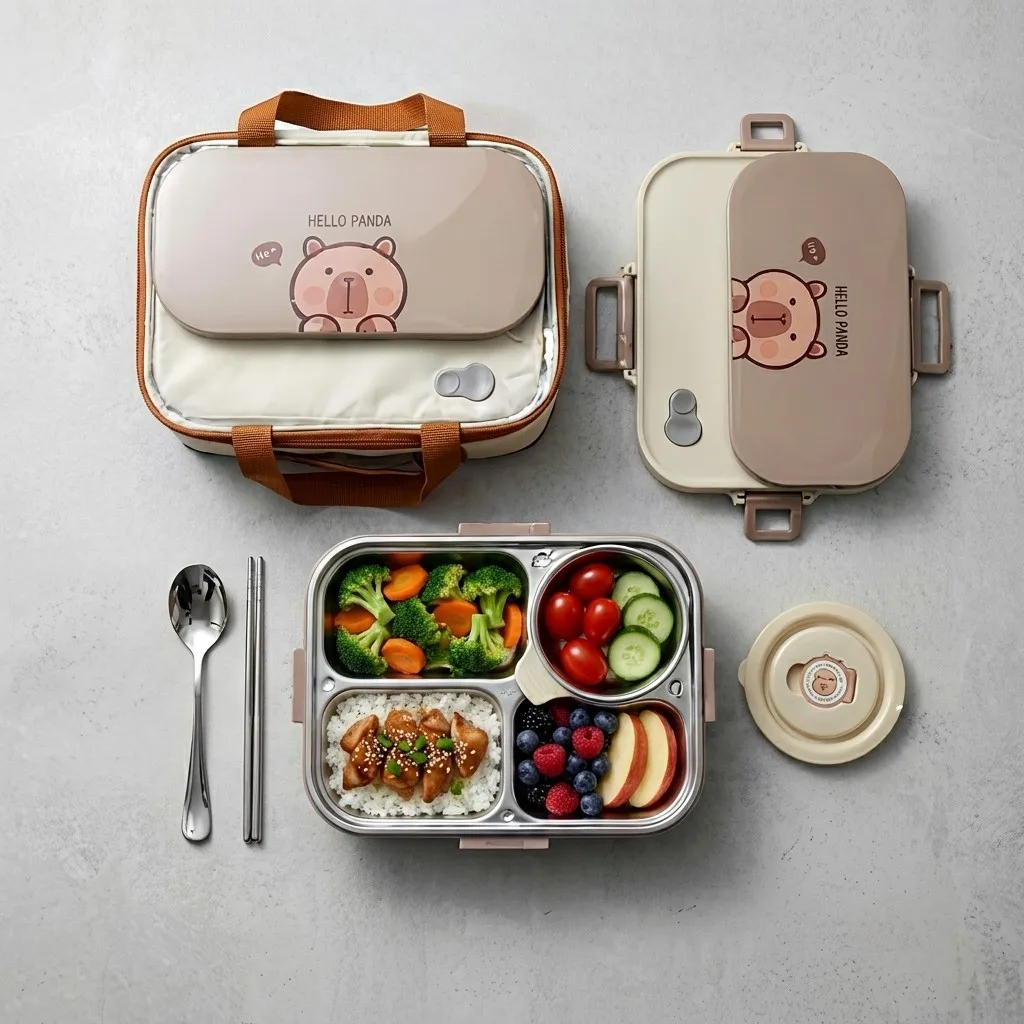 304 Stainless Steel Bento Lunch Box Set 4/5 Compartment Food Storage Containers with Soup Bowl Cutlery Adults Kids School view 2
