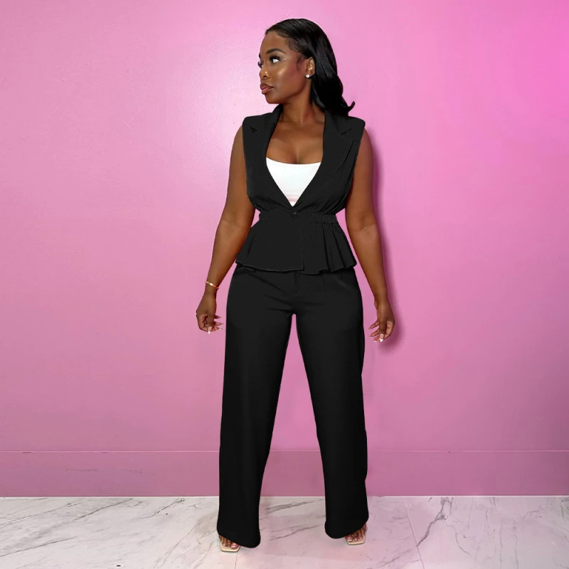 

Elegant Chic Women Two Piece Set Fashion Sleeveless Notched Collar Contracted waist Top and Wide Leg Pants Suit
