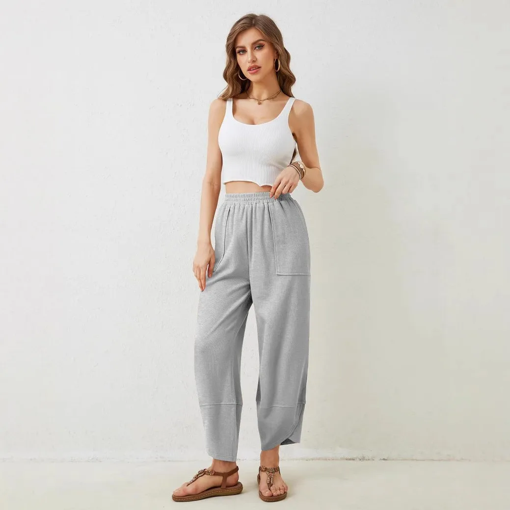 Women's Elastic Waist Loose Fit Cotton Patchwork Pants Medium Weight Full Length Female Clothing Women's And Woman Clothes