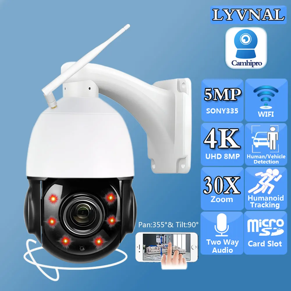 Camhipro 4K 8MP SO-NY415 Telecamera IP di sicurezza wireless Wifi PTZ Dome Zoom 30X Tracciamento umano automatico Impermeabile Audio bidirezionale IR 80m