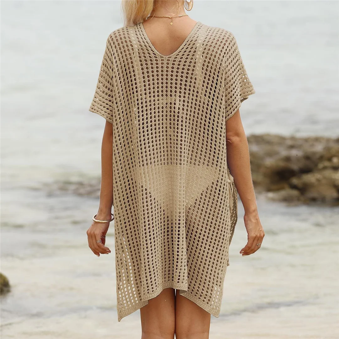 Kurzarm-Tunika mit V-Ausschnitt und Aushöhlungen, gehäkelt, Strickkleid, Strandkleid, Strandmode, Strandbekleidung, Strand-Cover-up, Damen, V8061 – Detail 14