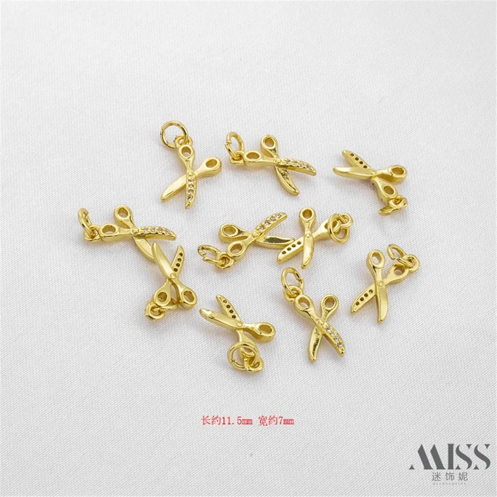 14K Bag Gold Inlaid Zircon Scissors Charm Pendant DIY Accessories Chain Pendant Handmade Bracelet Jewelry Material