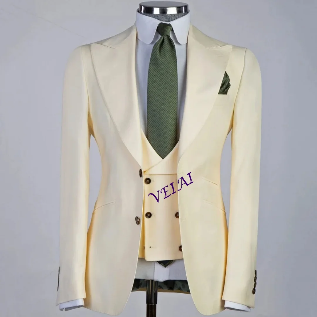 Мужской 3-х предметный однотонный белый смокинг с лацканами и карманом на день рождения, свадьбу, офисная рабочая куртка