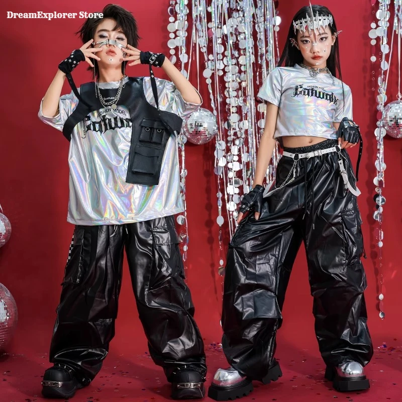 Hip Hop Boys T-shirt Street Dance Silver Pants Girls K-pop Shiny Joggers Kids Jazz Clothes Set Child Summer High-tech Streetwear