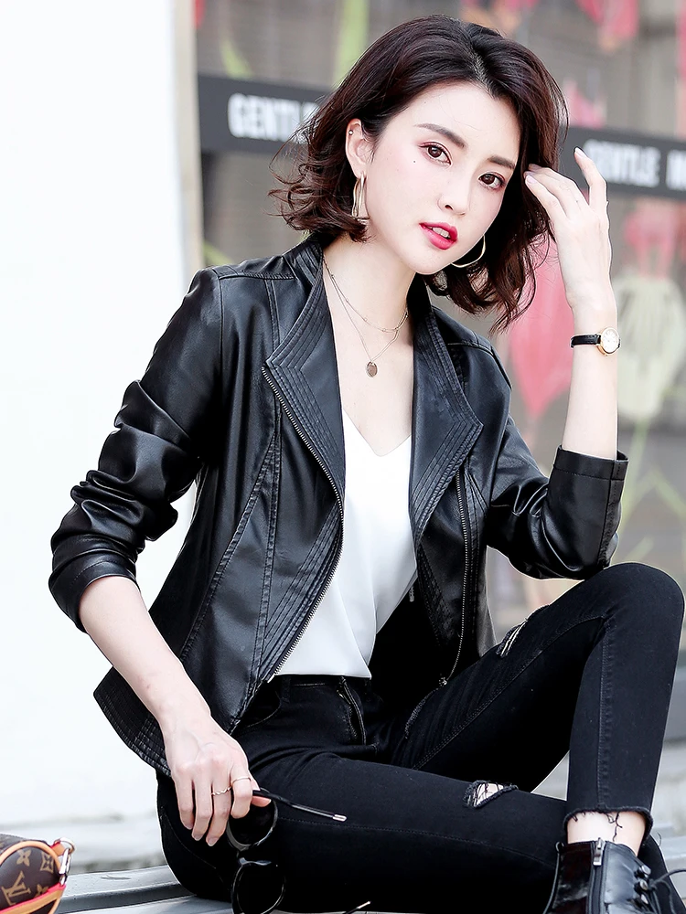 Giacca in Pelle Slim Fit da Donna con Cerniera, Stile Commuter, Cappotto in Pelle di Pecora, Nuova Collezione Primavera Autunno, Marca Haifeng