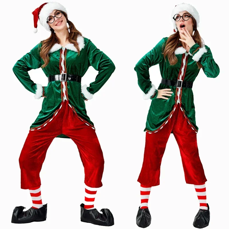 Disfraces de elfos de Navidad de espíritu verde para mujer, Cosplay para fiesta de Navidad, conjuntos de disfraces de Cosplay para padre de Navidad