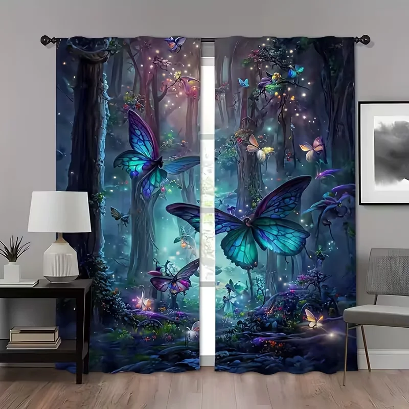 VIKAMA Blaue Schmetterlings-Wald-Vorhänge, natürliche, lichtfilterende, halbtransparente Vorhänge mit Stangentasche, Heim- und Schlafzimmerdekoration