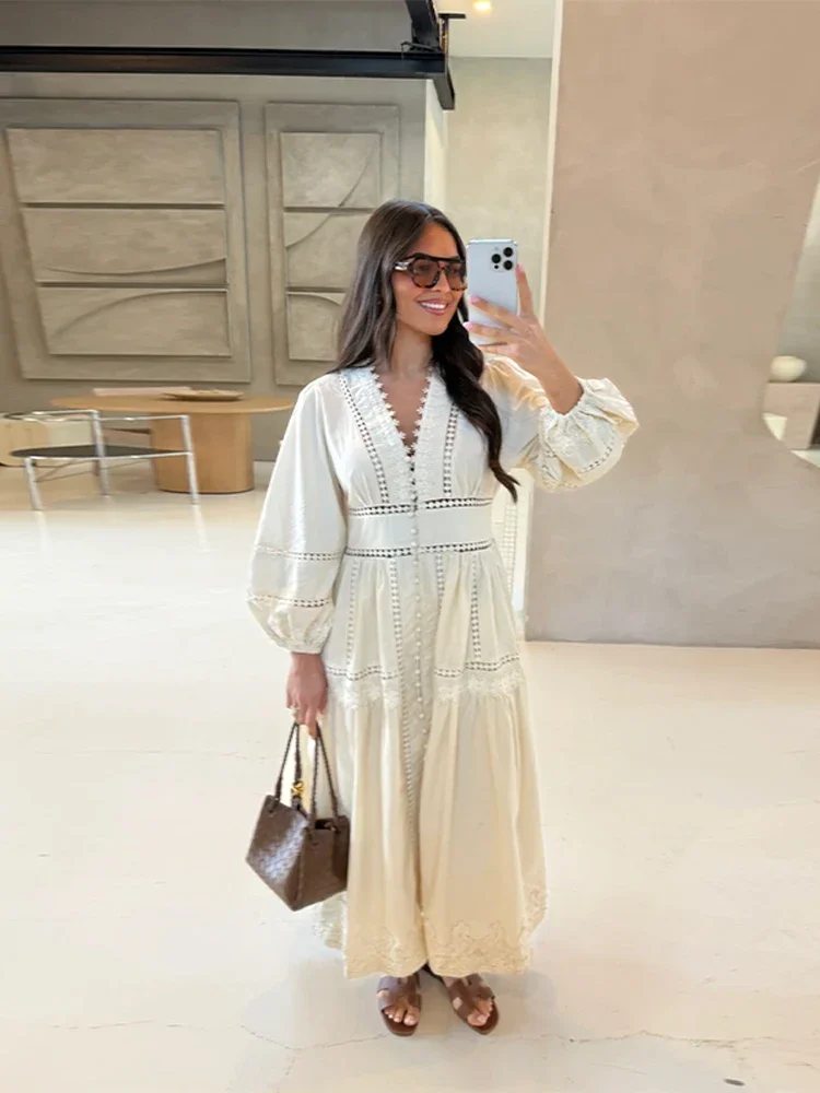 レースロングドレス レディース Vネック パフスリーブ Aラインワンピース 女性用 新作 夏 パーティー ホリデー ビーチウェア