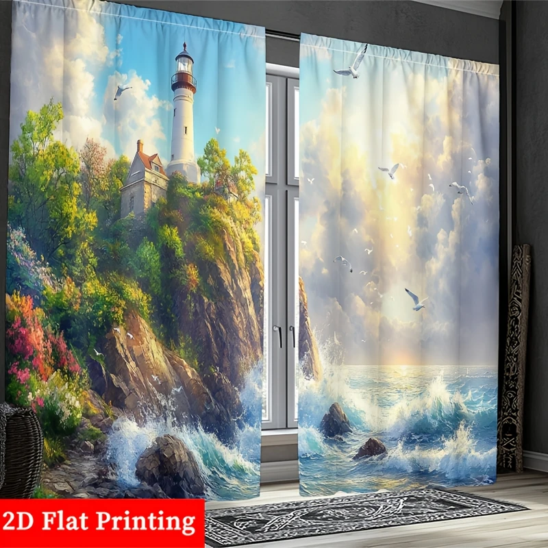 Large Print Coastal Lighthouse Ocean View Waterproof Shower Curtain Polyester Bathroom Home Decor Window Drapery Nautical Coasta