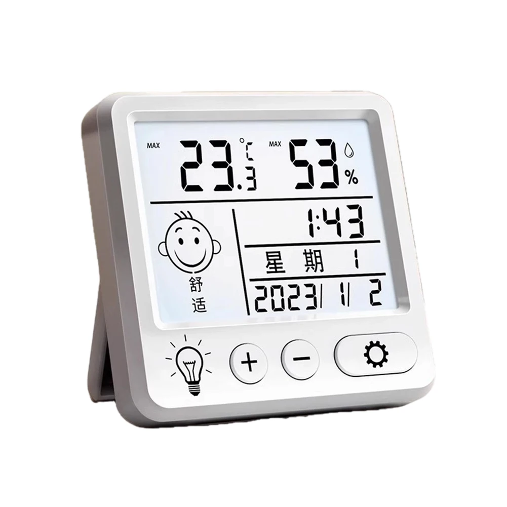 LCD Digital Alarm Clock Battery Operated Dual Screen Tabletop or Wall Clock Show Date Week Temperature Humidity White Plastic