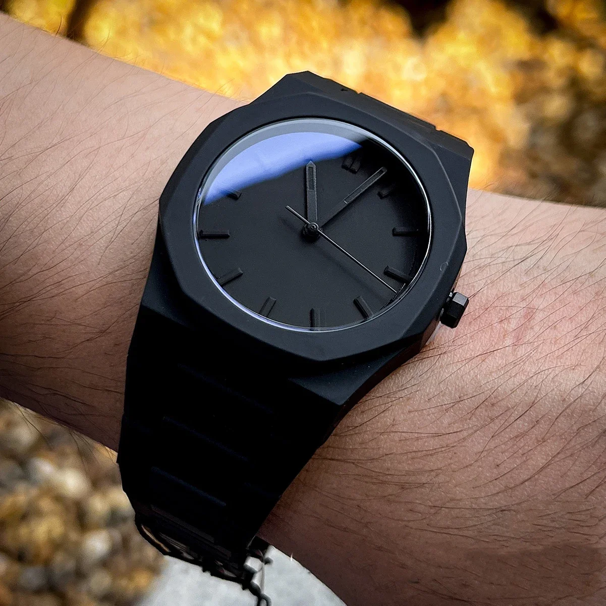 Men Black Octagon Watch Cross Necklace 2Pcs Set Stainless Steel Quartz Watch Gift For Guys