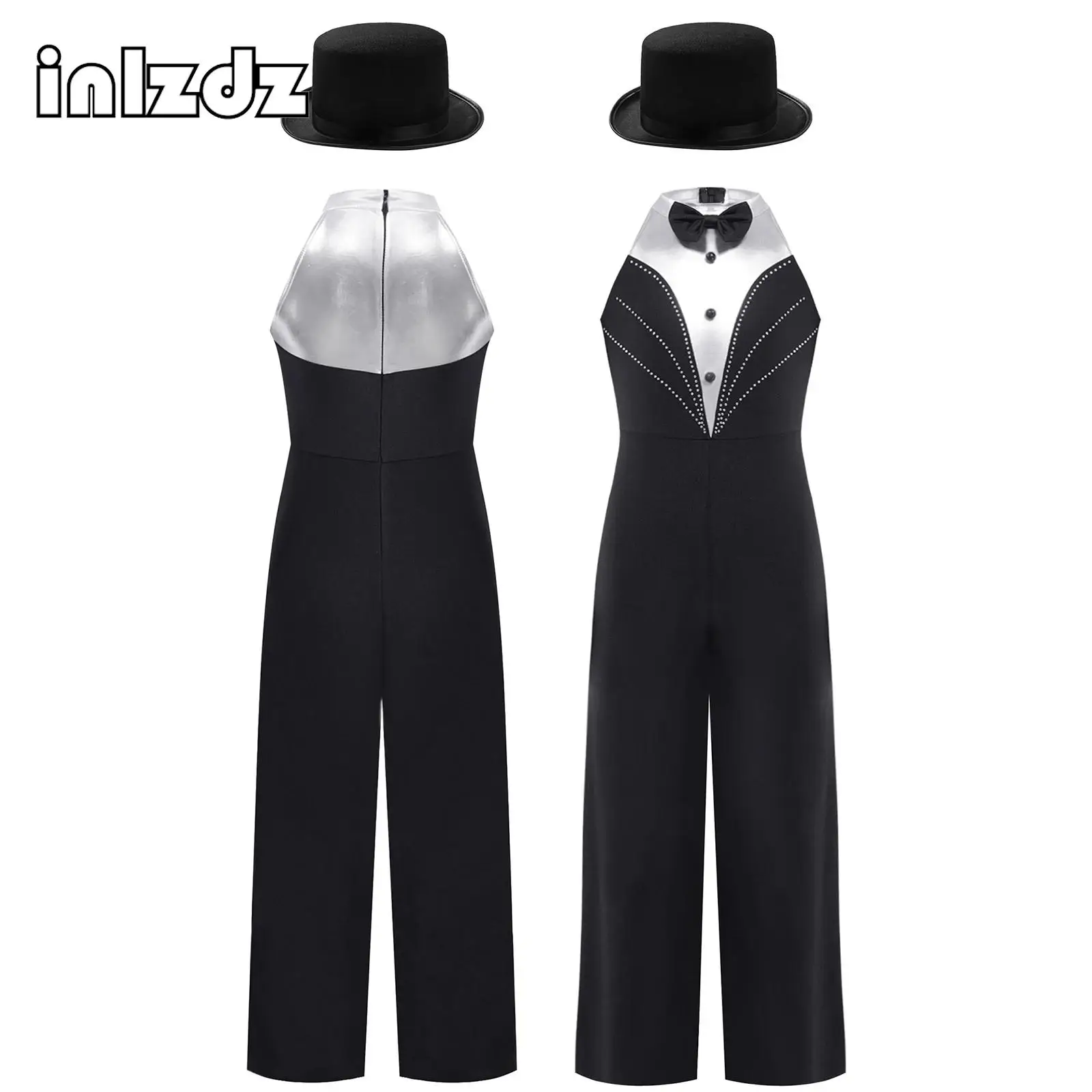 

Kids Girls Metallic Bow Tie Tuxedo Full Bodysuit Outfits Sleeveless Jumpsuit Latin Jazz Gymnastic Ballet Performance Dancewear