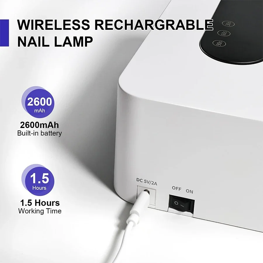 Woobela Crystal Beads 45W Rechargeable Nail Lamp USB Type-C UV Light for Nails Wireless Manicure Dryer Cordless Nail UV LED Lamp