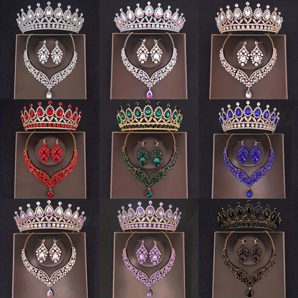 

Комплект из колье и серёг в виде короны с кристаллами, 3 шт.