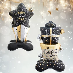 1pc 58inch Large Black Gold Stand Happy New Year Gift Box Cake Foil Balloons New Year Decorations Happy New Year 2025