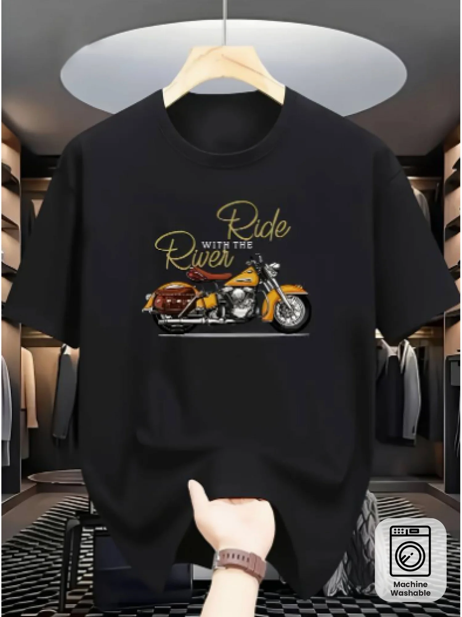 [Retro locomotive model] "Ride with the Rider" locomotive printed T-shirt, loose version is skin-friendly and comfortable, suitable for daily and locomotive theme scenes, retro design shows cultural atmosphere, machine washable and easy to take care of,