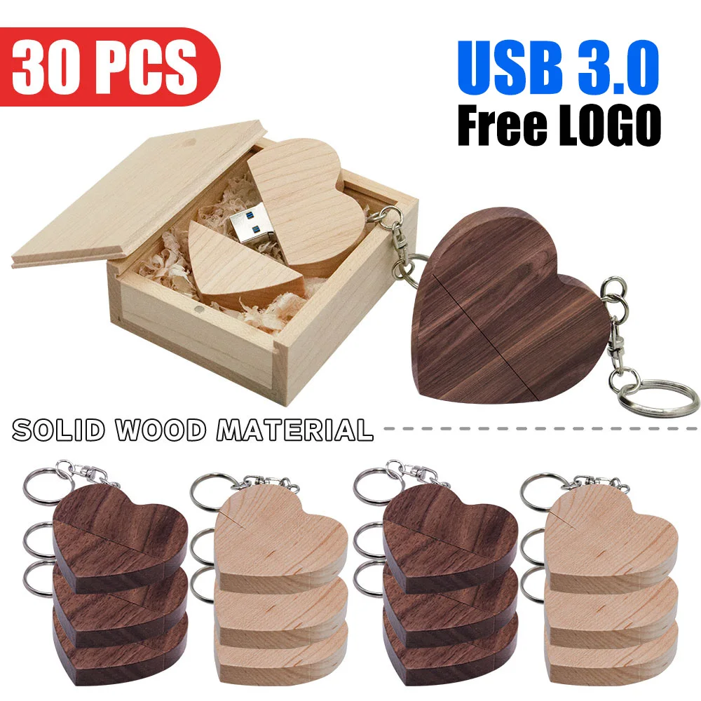 30PCS/LOT USB3.0 (free custom logo) wooden love heart flash drive with keychain pendrive 8GB 16GB 32GB 64GB 128GB creative gifts