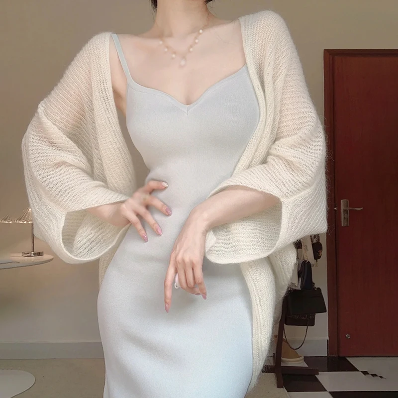 Mohair Knitted Cardigan Women Sun Protection Shirt Solid Color Lazy Style Top Sweet Long Sleeves Breathable Thin Style Summer